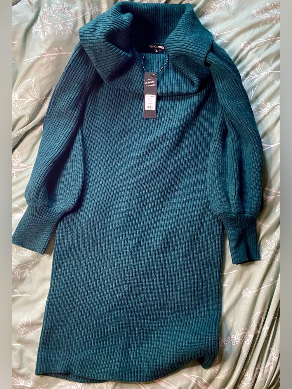 Fashion Nova Teal Ribbed Cowl Neck Sweater Dress